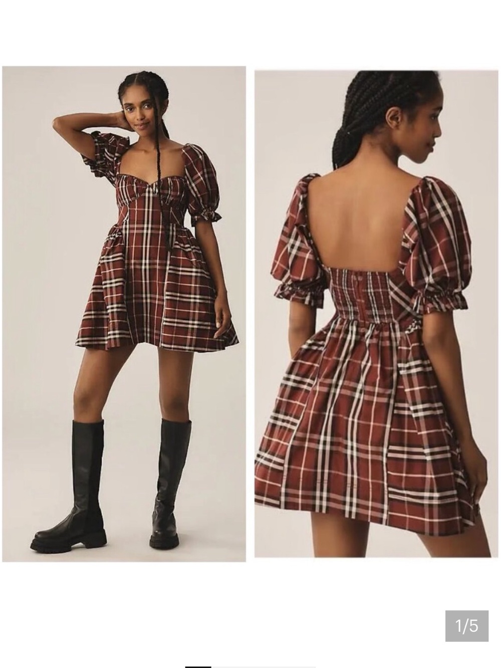 Anthropologie Maeve Plaid Taffeta Plaid Puff-Sleeve Mini Dress